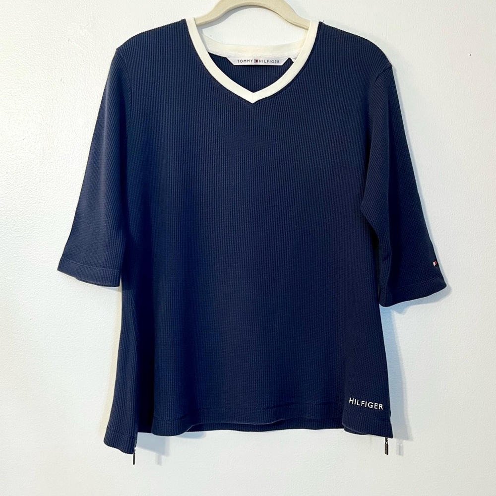 Tommy Hilfiger Navy Blue Thermal White Trim V-Neck 3/4 Sleeve Top Womens Size XL